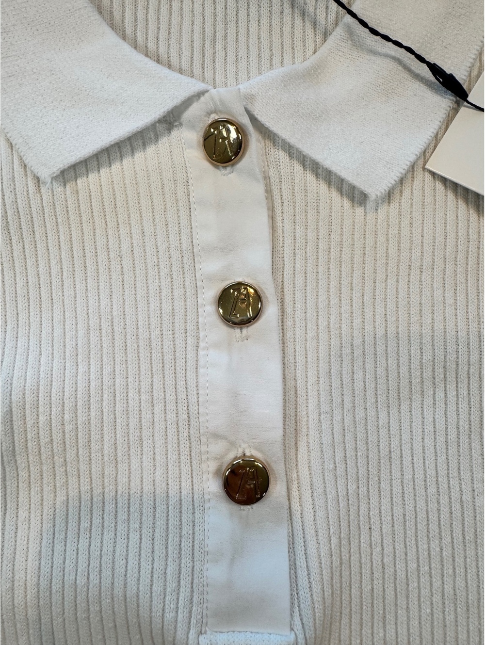 Zara White Ribbed Polo Mini Dress Gold Buttons Women’s Medium NWT - Picture 4 of 8